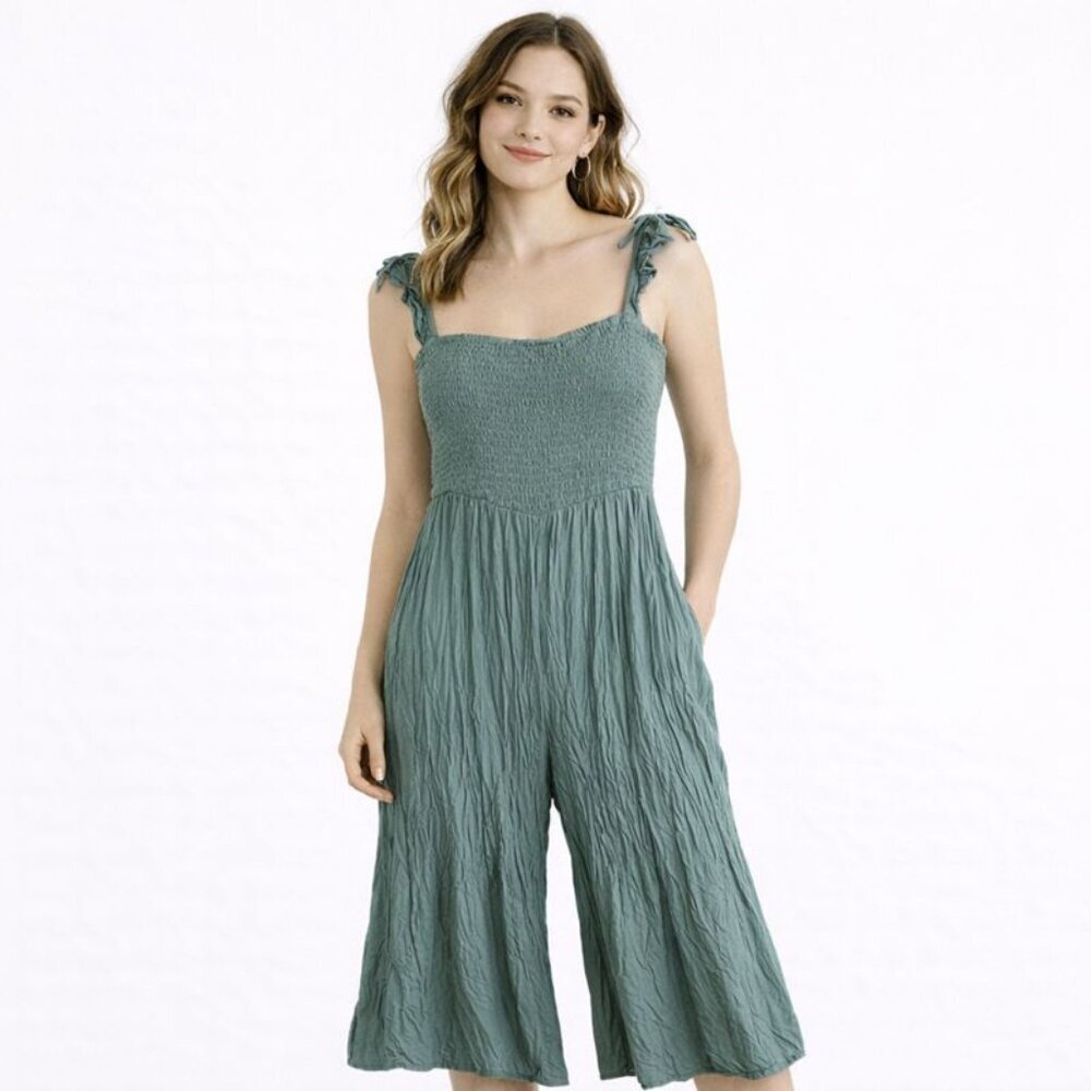 AAKAA Rayon Wide Leg Cropped Jumpsuit Smocked Top Culotte Size Large